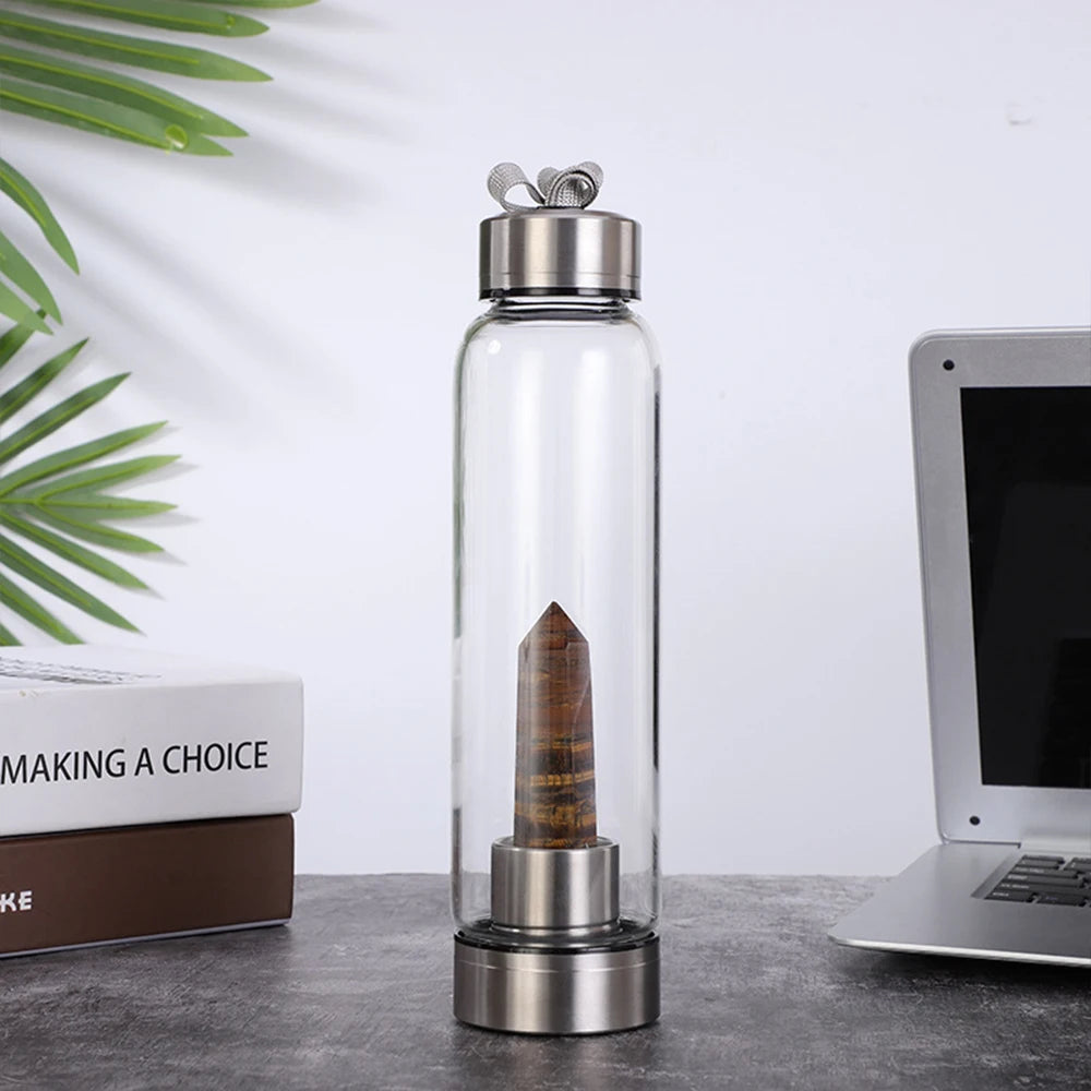 Eco-Friendly Crystal Elixir Bottle – Natural Quartz Obelisk Wand in Glass for Healing Hydration & High-Vibe Living