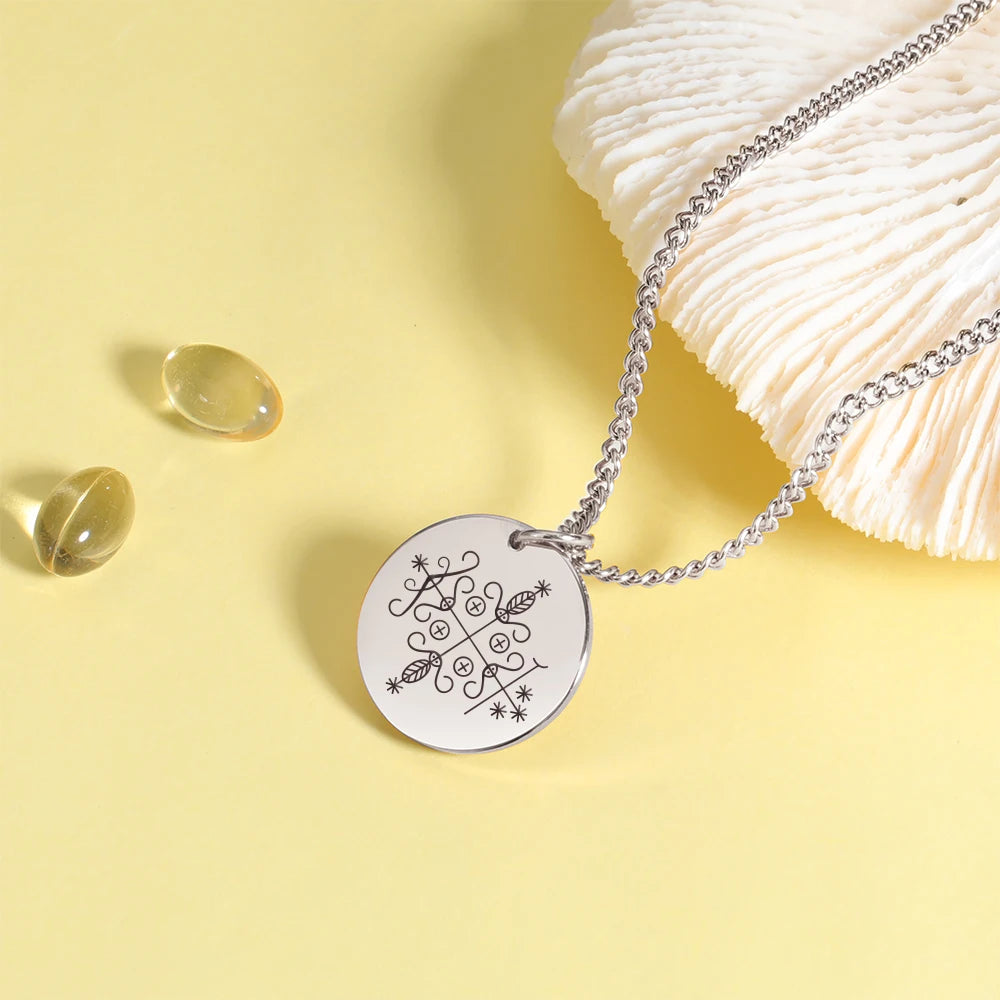 Papa Legba Veve Amulet Necklace | Stainless Steel Voodoo Talisman Pendant for Protection & Guidance