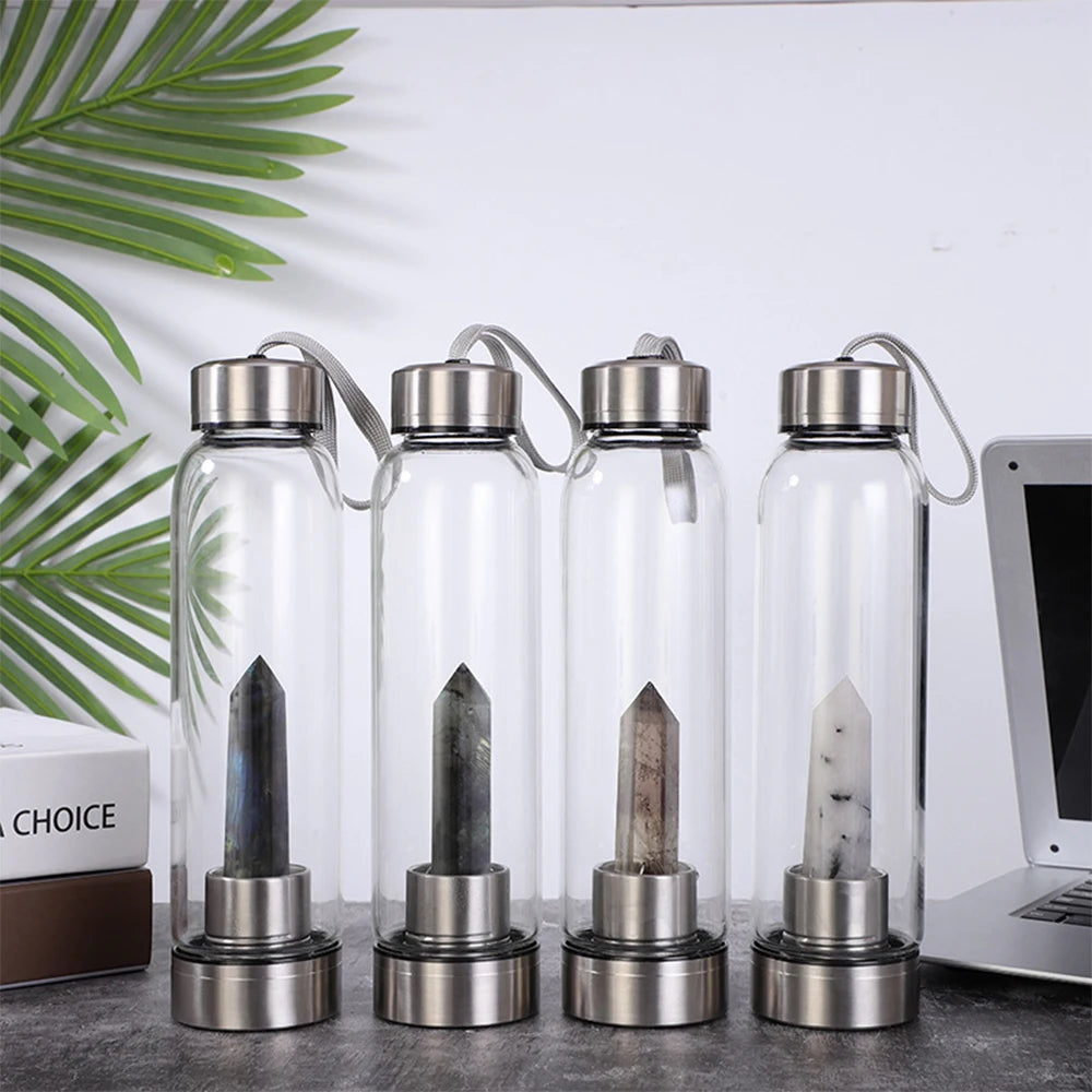Eco-Friendly Crystal Elixir Bottle – Natural Quartz Obelisk Wand in Glass for Healing Hydration & High-Vibe Living