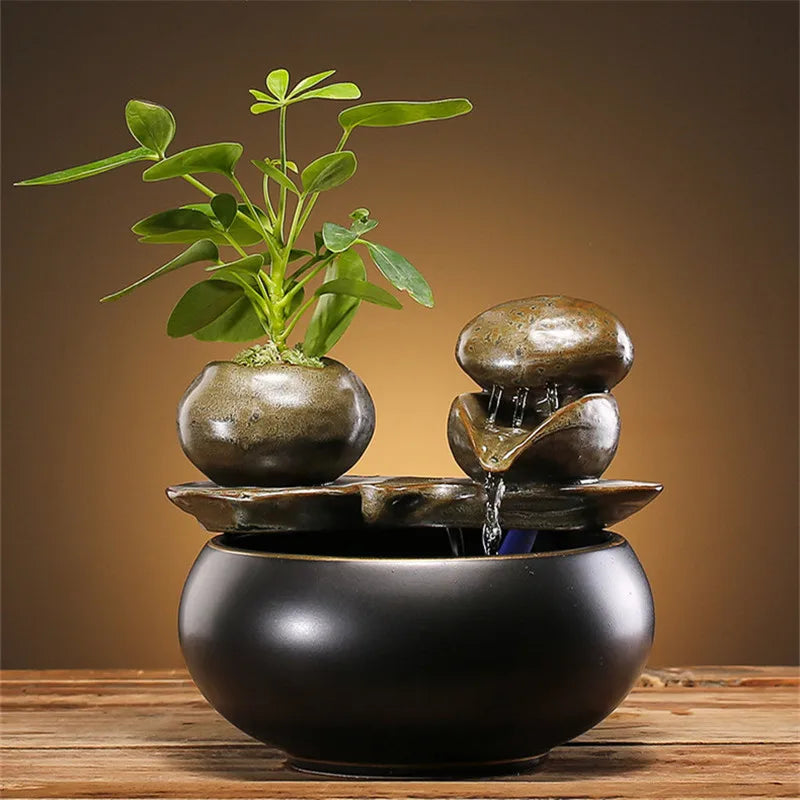 Whispers of Earth – Zen Ceramic Tabletop Fountain with Leaf Accent