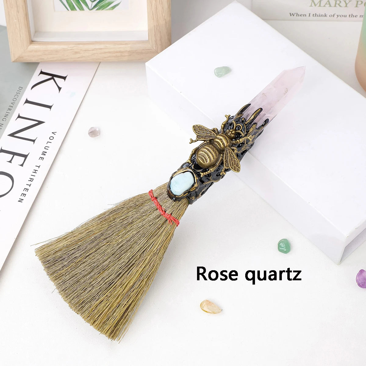 Crystal Broom Charm with Natural Gemstone Handle – Spiritual Home & Altar Decoration