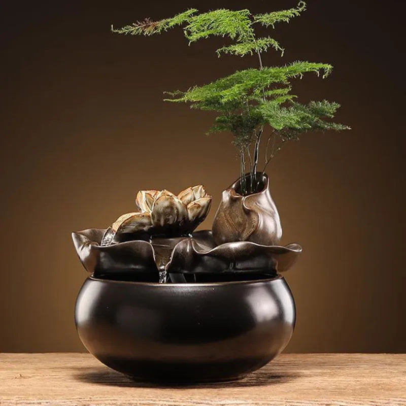 Whispers of Earth – Zen Ceramic Tabletop Fountain with Leaf Accent