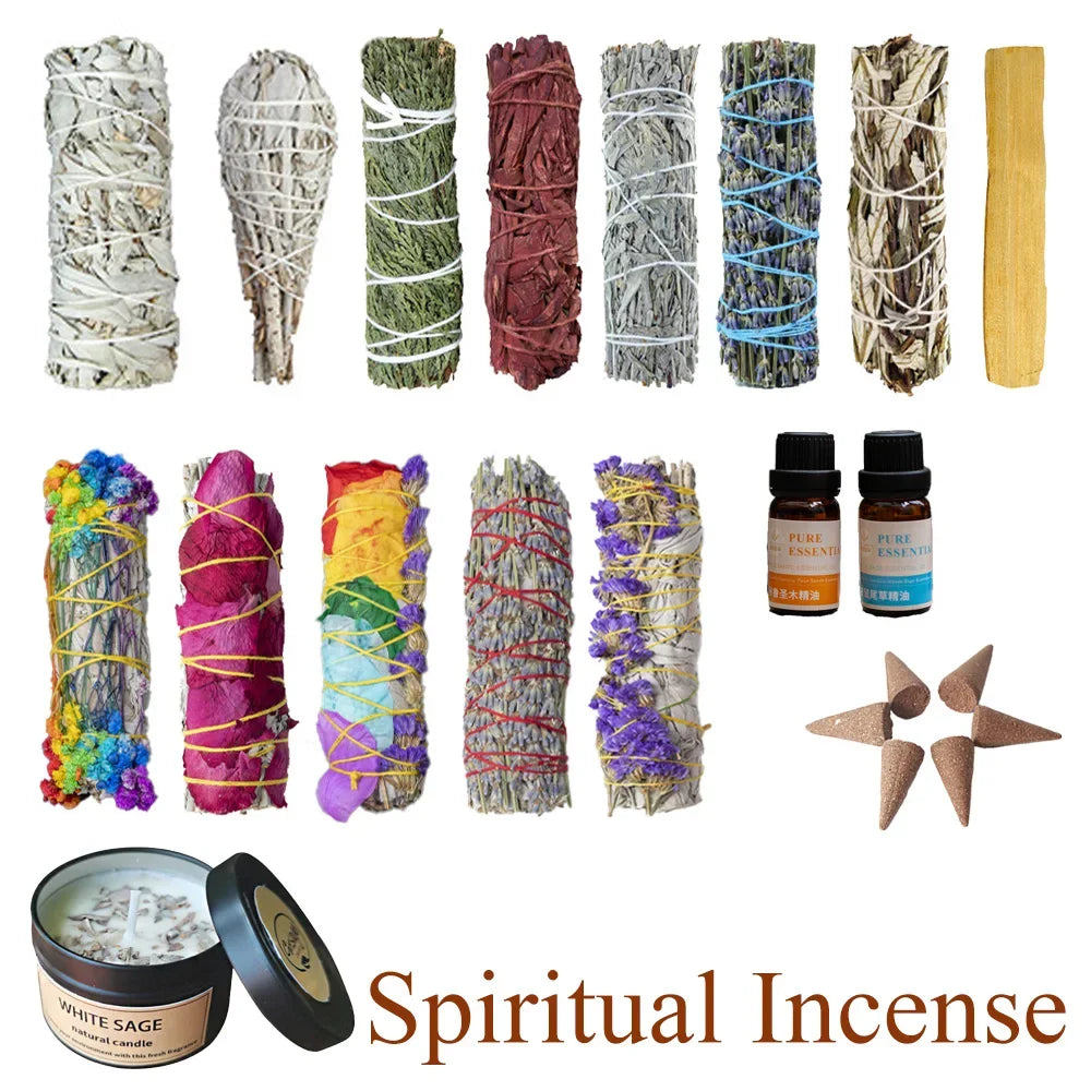 Sacred Smudge Wand & Ritual Candle Set – White Sage, Lavender, Blue Sage, Cedar, Deodar & Pine for Energy Cleansing & Blessing