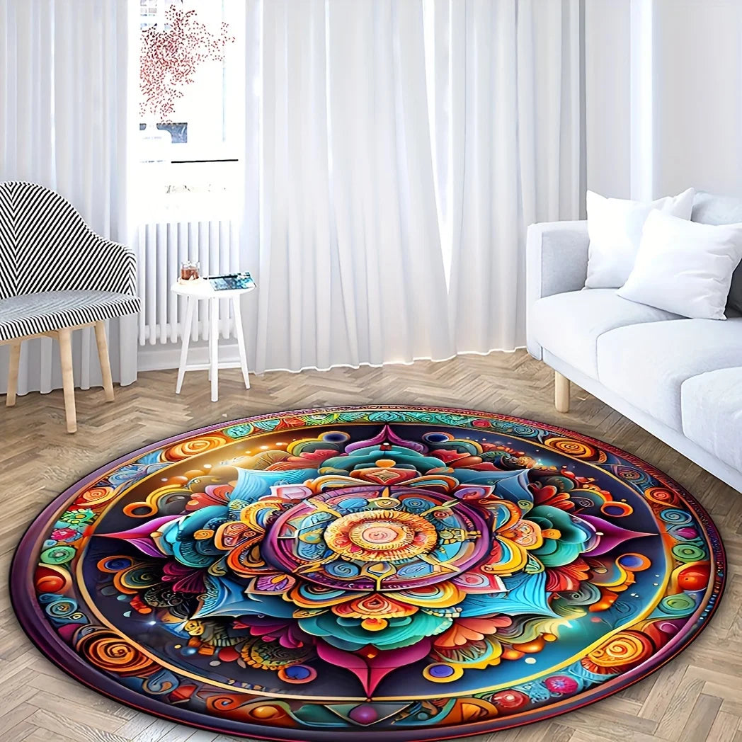 Sacred Bloom Mandala Rug – Vibrant Round Energy Mat for Meditation, Living Spaces & Soulful Decor