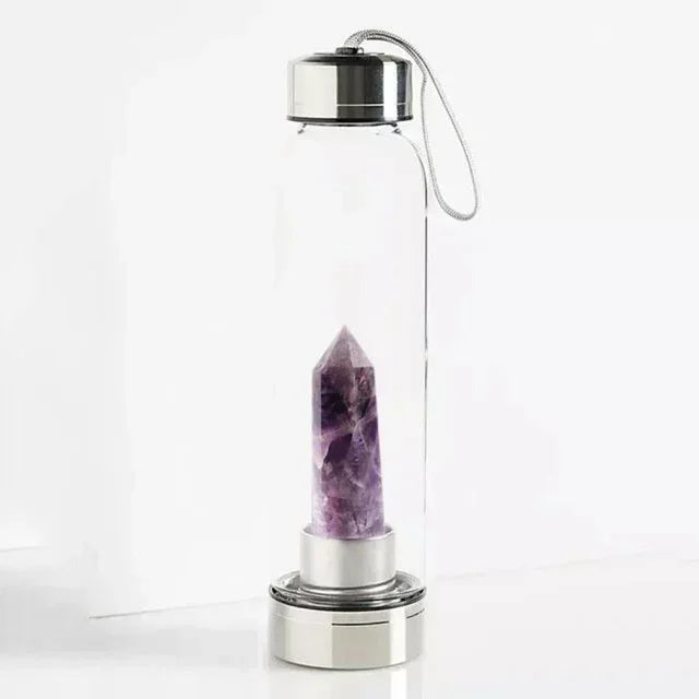 Crystal Elixir Water Bottle – Natural Quartz Healing Wand in Glass Bottle with Stainless Steel Lid – Gemstone Energy Cup for Wellness & Hydration