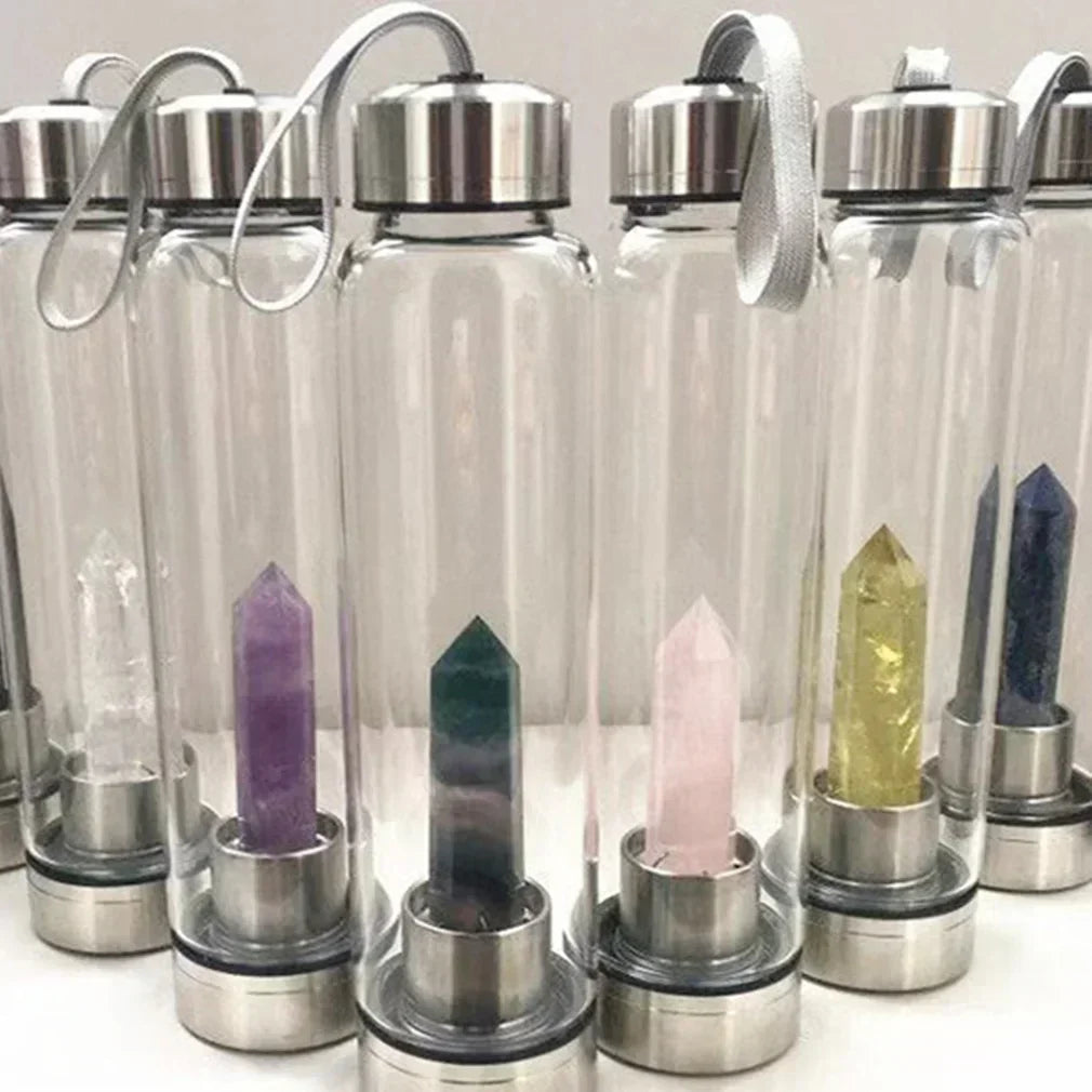 Crystal Elixir Water Bottle – Natural Quartz Healing Wand in Glass Bottle with Stainless Steel Lid – Gemstone Energy Cup for Wellness & Hydration