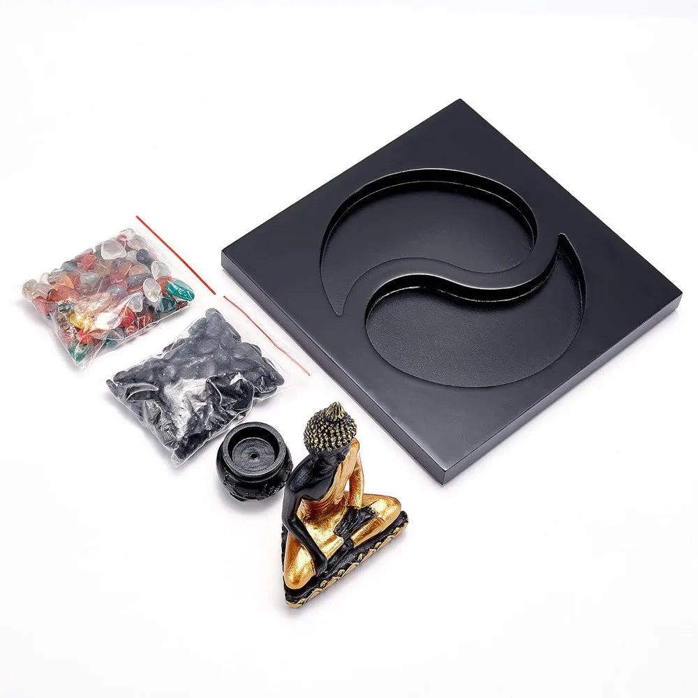 Mini Zen Sand Garden Set with Buddha & Yin Yang Tray – Crystal Stone Sandbox for Meditation & Mindfulness Decor