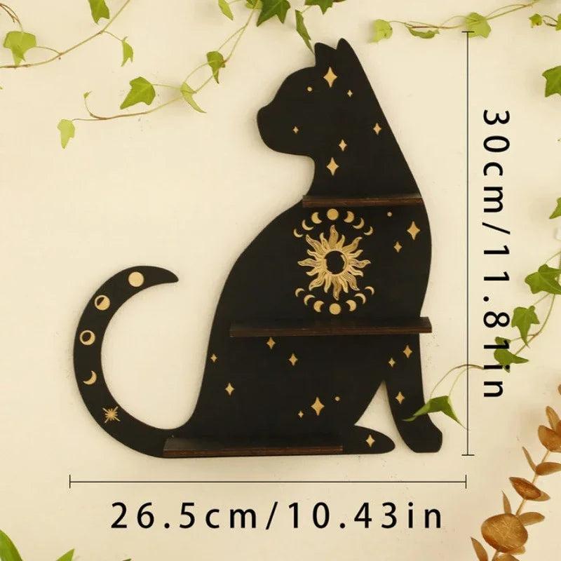Black Cat Crystal Wall Shelf – Gothic Moon Tiered Wooden Display Rack for Crystals, Essential Oils & Decor