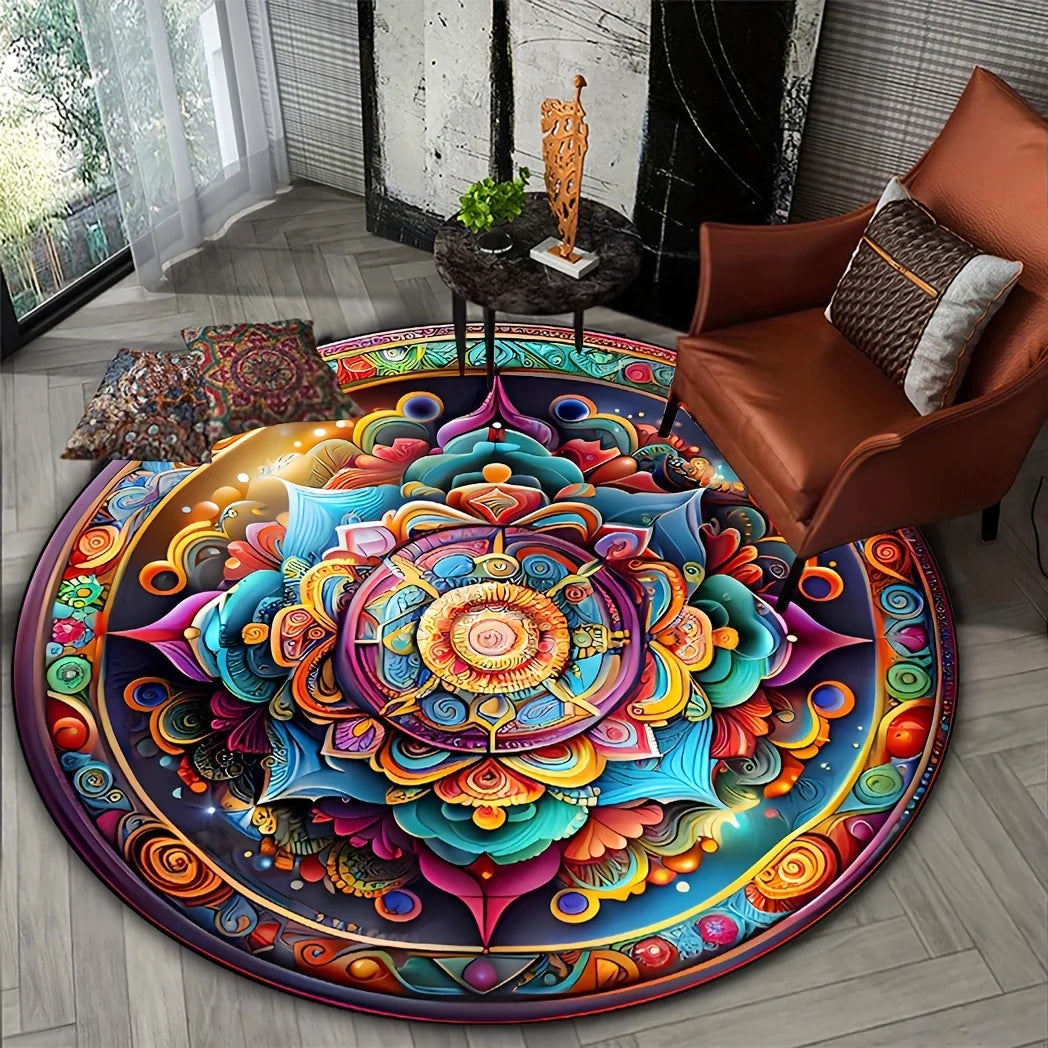 Sacred Bloom Mandala Rug – Vibrant Round Energy Mat for Meditation, Living Spaces & Soulful Decor