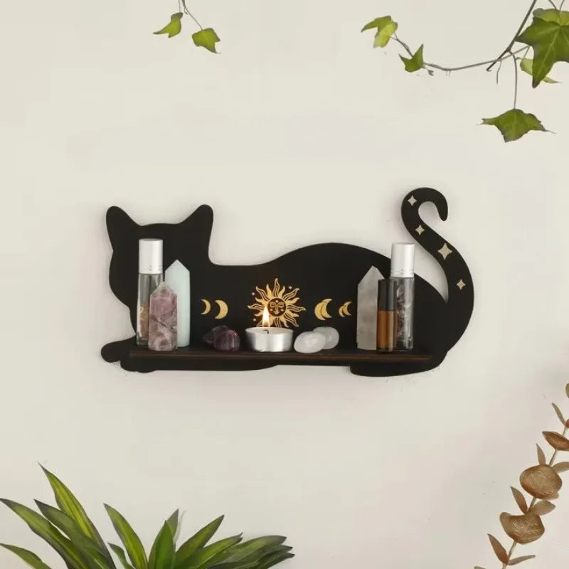 Mystic Black Cat Moon Shelf – Triple-Tier Crystal Display & Wall Altar for Sacred Stones & Spiritual Decor