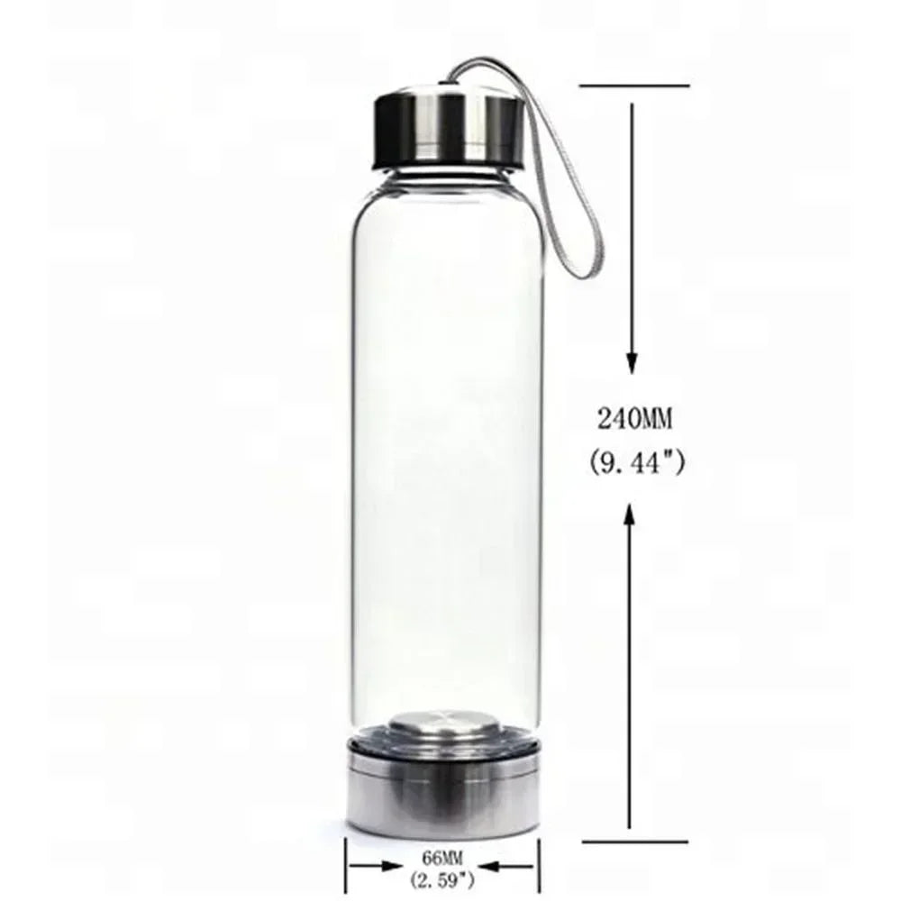 Crystal Elixir Water Bottle – Natural Quartz Healing Wand in Glass Bottle with Stainless Steel Lid – Gemstone Energy Cup for Wellness & Hydration
