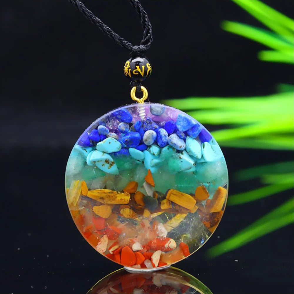7 Chakra Orgone Pendant Necklace – Reiki Energy Symbol “Cho Ku Rei” | Healing Crystal Amulet with Natural Stones