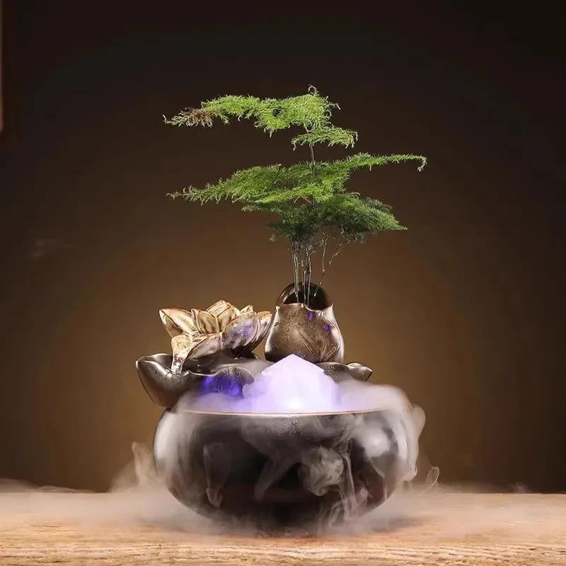 Whispers of Earth – Zen Ceramic Tabletop Fountain with Leaf Accent