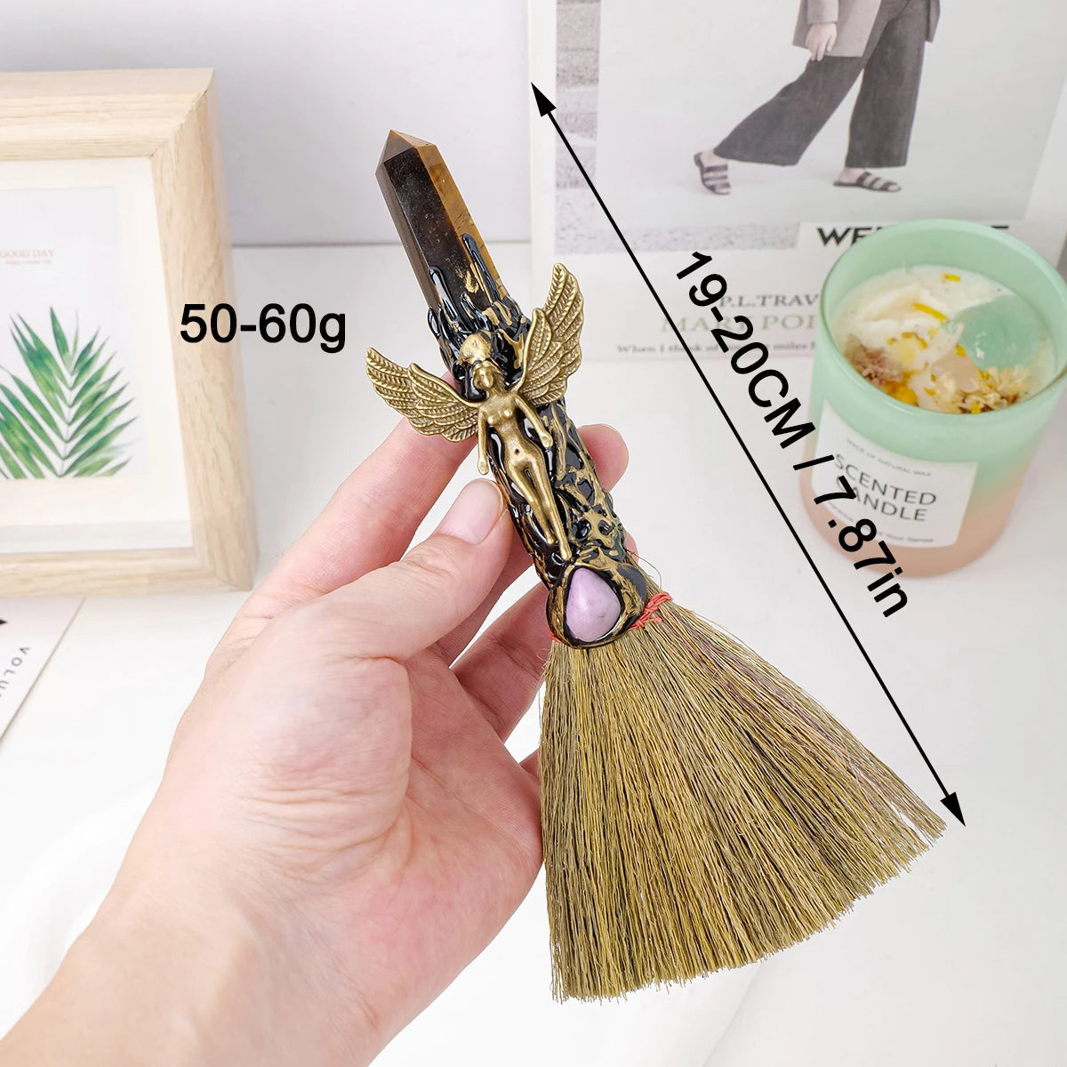 Crystal Broom Charm with Natural Gemstone Handle – Spiritual Home & Altar Decoration