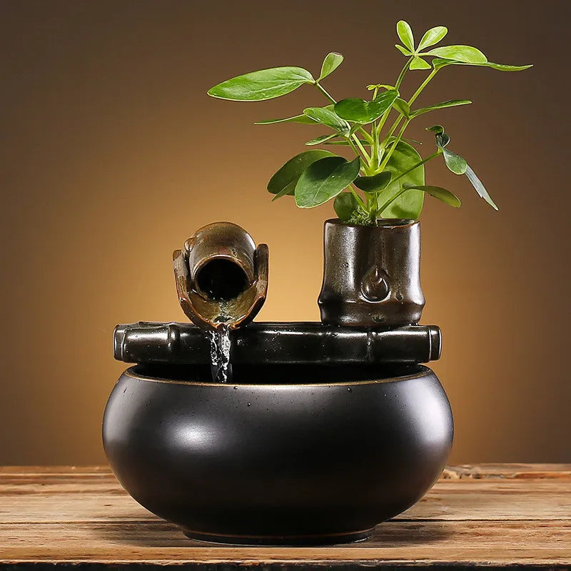 Whispers of Earth – Zen Ceramic Tabletop Fountain with Leaf Accent