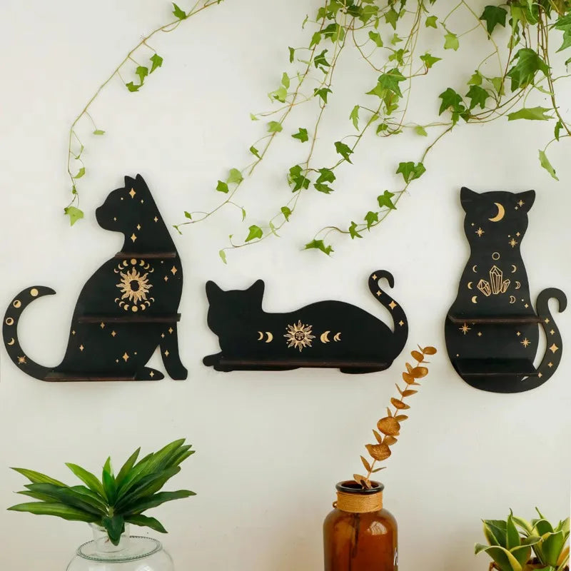Mystic Black Cat Moon Shelf – Triple-Tier Crystal Display & Wall Altar for Sacred Stones & Spiritual Decor