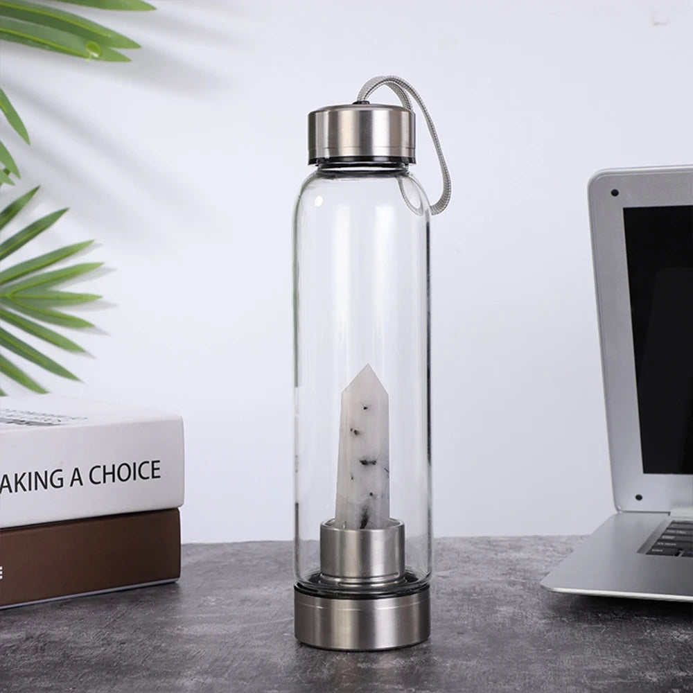 Crystal Infused Glass Water Bottle with Natural Gemstone Obelisk – Healing Elixir Quartz Crystal Drinkware with Rope