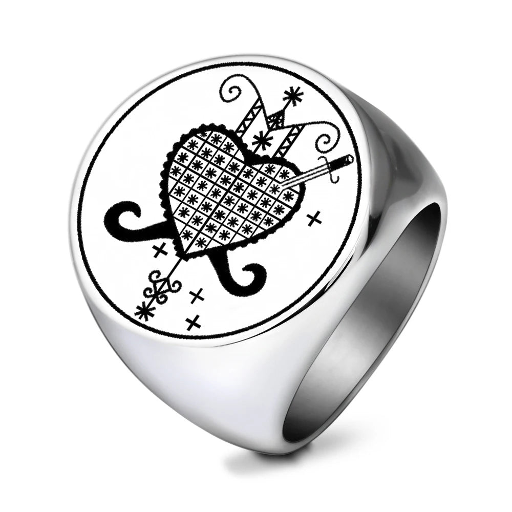 Erzulie Dantor Veve Ring – Stainless Steel Vodou Protection & Power Talisman