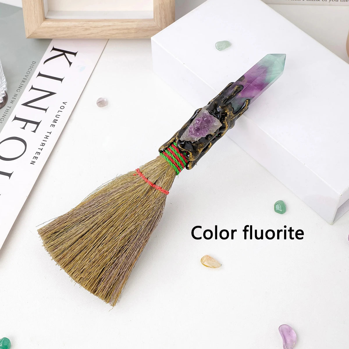 Crystal Broom Charm with Natural Gemstone Handle – Spiritual Home & Altar Decoration