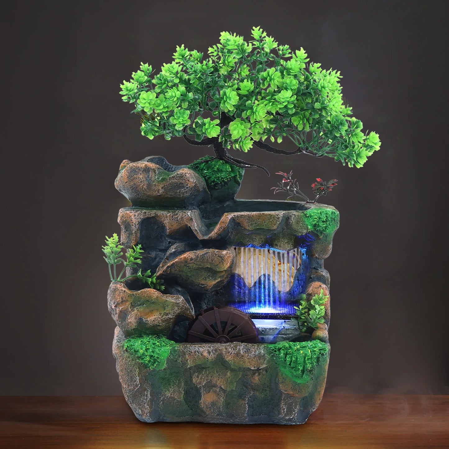 Tranquil Flow: Ceramic Zen Fountain with Bonsai Accent