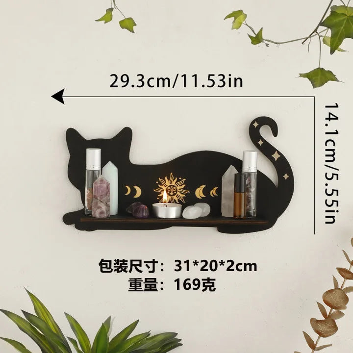 Mystic Black Cat Moon Shelf – Triple-Tier Crystal Display & Wall Altar for Sacred Stones & Spiritual Decor