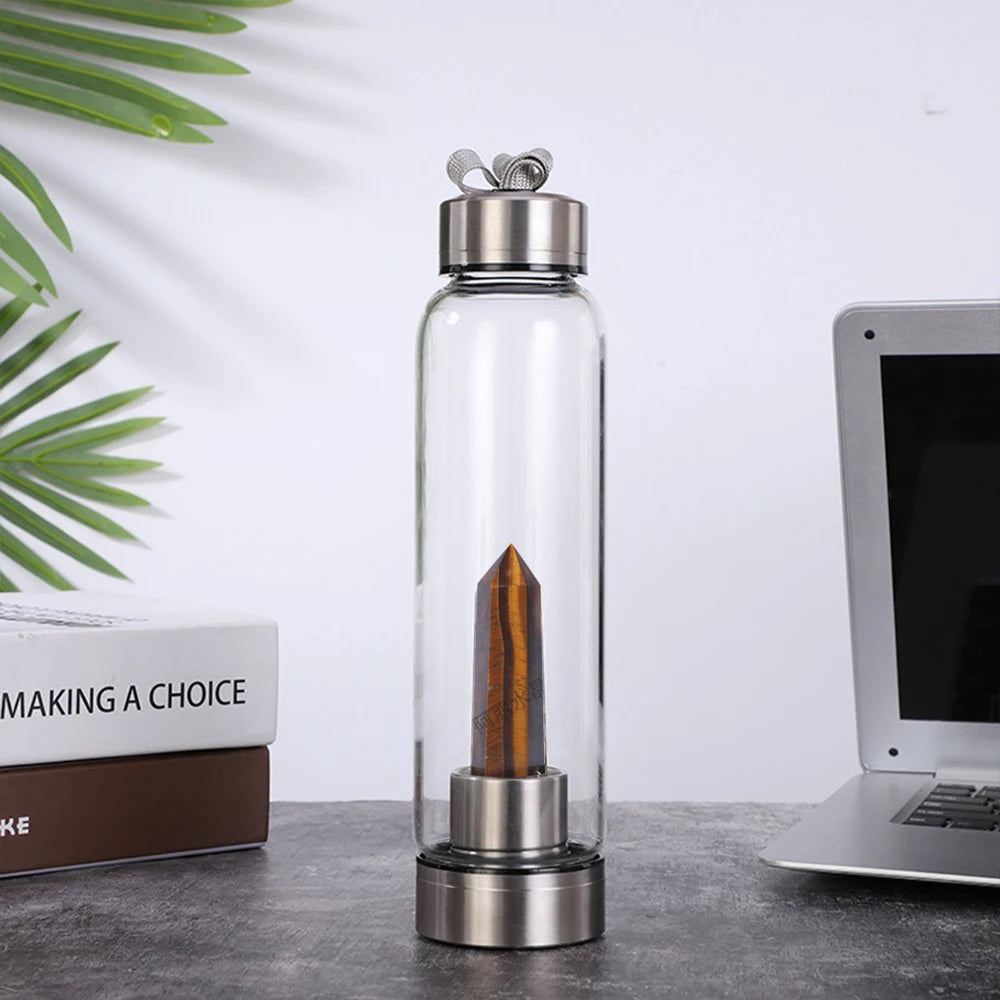 Crystal Infused Glass Water Bottle with Natural Gemstone Obelisk – Healing Elixir Quartz Crystal Drinkware with Rope
