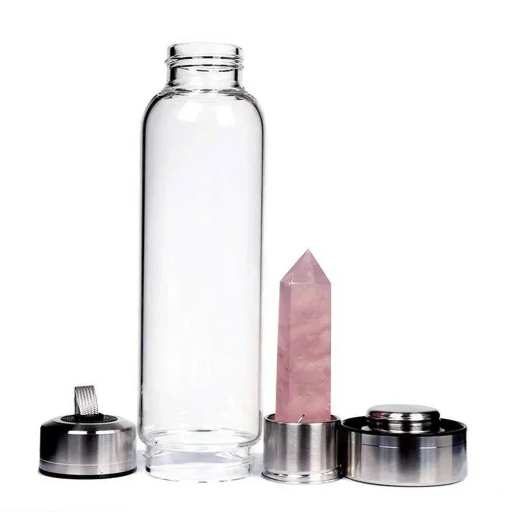 Crystal Elixir Water Bottle – Natural Quartz Healing Wand in Glass Bottle with Stainless Steel Lid – Gemstone Energy Cup for Wellness & Hydration