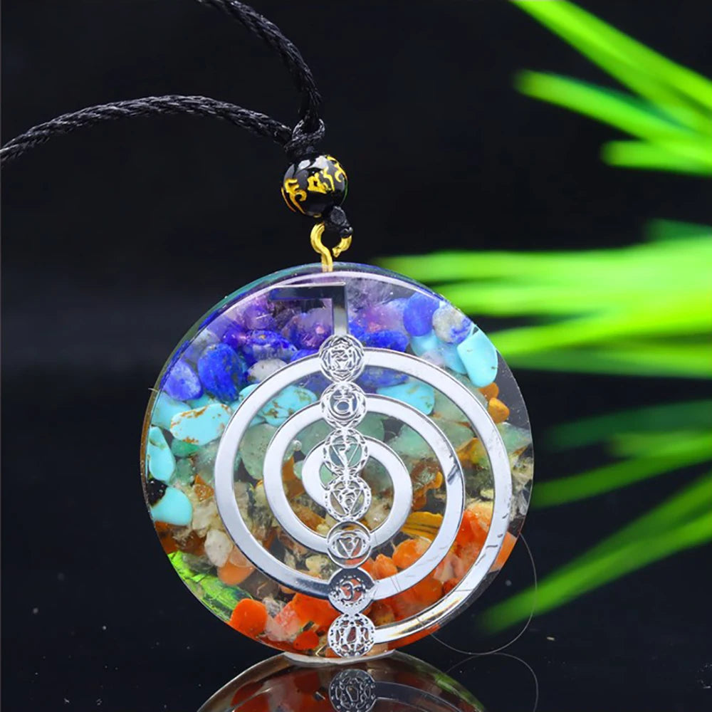 7 Chakra Orgone Pendant Necklace – Reiki Energy Symbol “Cho Ku Rei” | Healing Crystal Amulet with Natural Stones