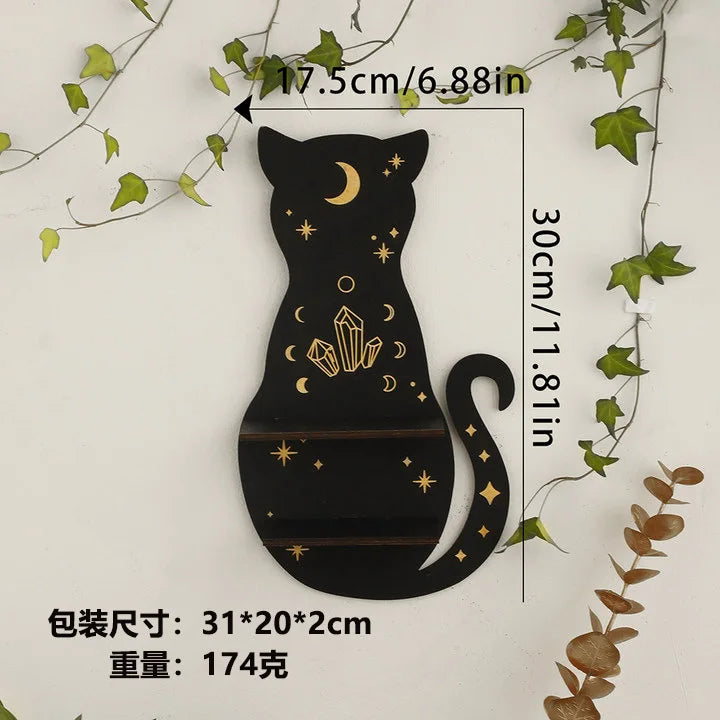 Mystic Black Cat Moon Shelf – Triple-Tier Crystal Display & Wall Altar for Sacred Stones & Spiritual Decor