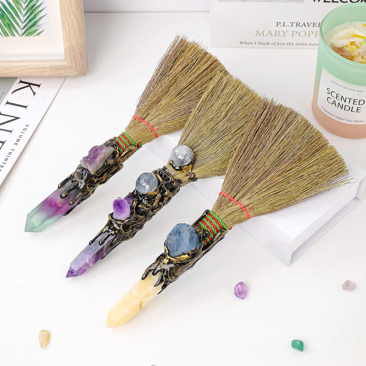 Crystal Broom Charm with Natural Gemstone Handle – Spiritual Home & Altar Decoration