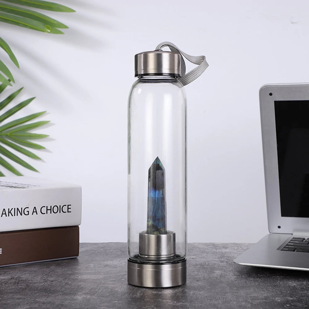 Crystal Infused Glass Water Bottle with Natural Gemstone Obelisk – Healing Elixir Quartz Crystal Drinkware with Rope