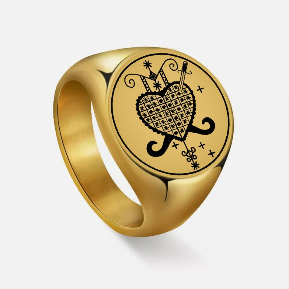 Erzulie Dantor Veve Ring – Stainless Steel Vodou Protection & Power Talisman