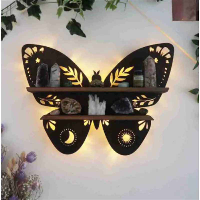 Luna Moth Crystal Shelf with LED Light – Wooden Wall Shelf for Healing Crystals & Home Decor