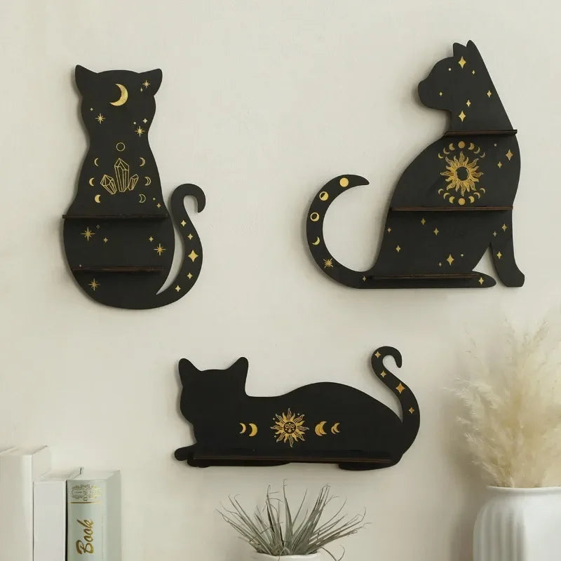 Black Cat Crystal Wall Shelf – Gothic Moon Tiered Wooden Display Rack for Crystals, Essential Oils & Decor