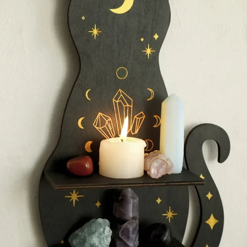 Black Cat Crystal Wall Shelf – Gothic Moon Tiered Wooden Display Rack for Crystals, Essential Oils & Decor