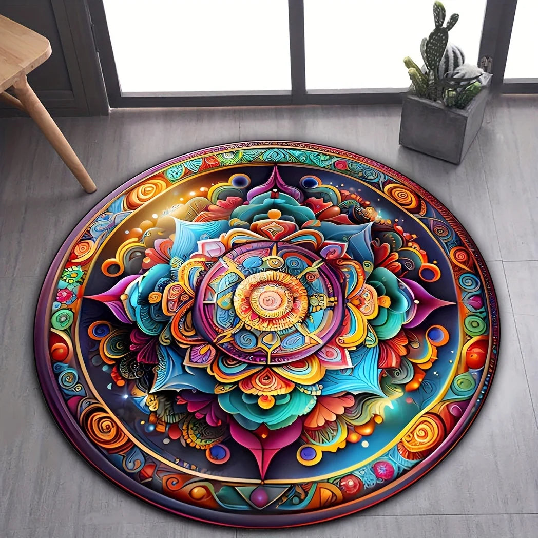 Sacred Bloom Mandala Rug – Vibrant Round Energy Mat for Meditation, Living Spaces & Soulful Decor