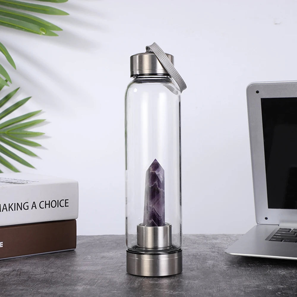 Crystal Infused Glass Water Bottle with Natural Gemstone Obelisk – Healing Elixir Quartz Crystal Drinkware with Rope