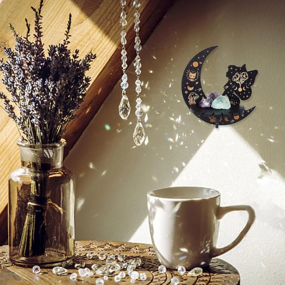Moon Elfin Crystal Display Shelf – Cat & Mushroom Carved Wooden Wall Shelf for Crystals, Oils & Decor