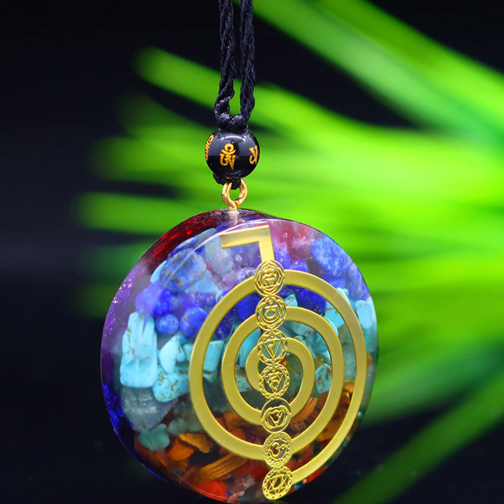 7 Chakra Orgone Pendant Necklace – Reiki Energy Symbol “Cho Ku Rei” | Healing Crystal Amulet with Natural Stones