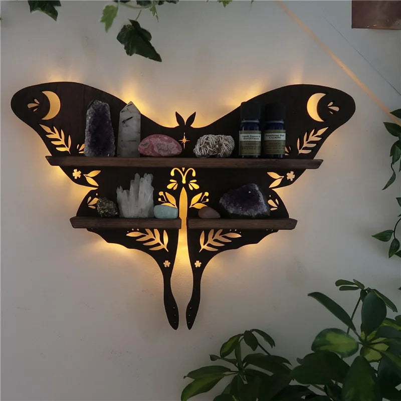 Luna Moth Crystal Shelf with LED Light – Wooden Wall Shelf for Healing Crystals & Home Decor