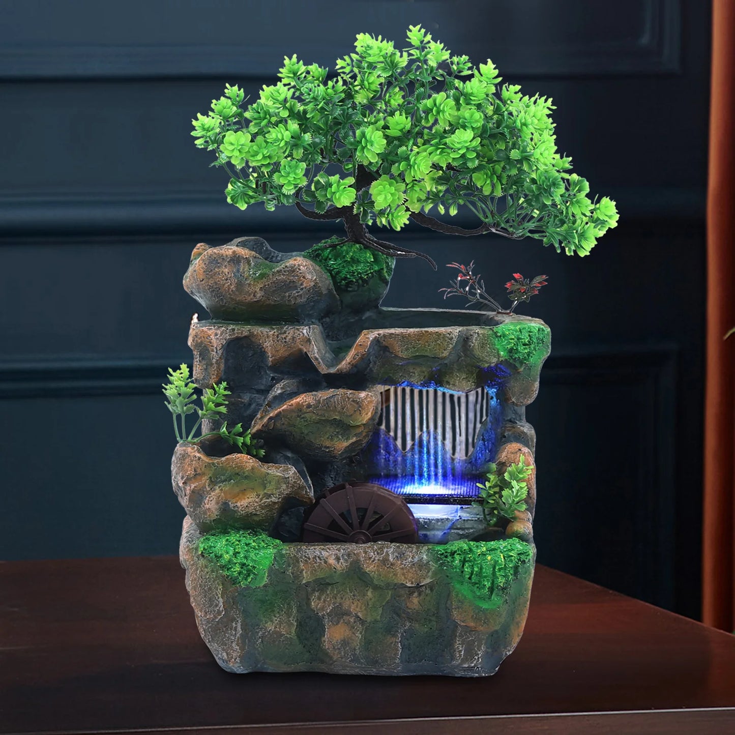 Tranquil Flow: Ceramic Zen Fountain with Bonsai Accent