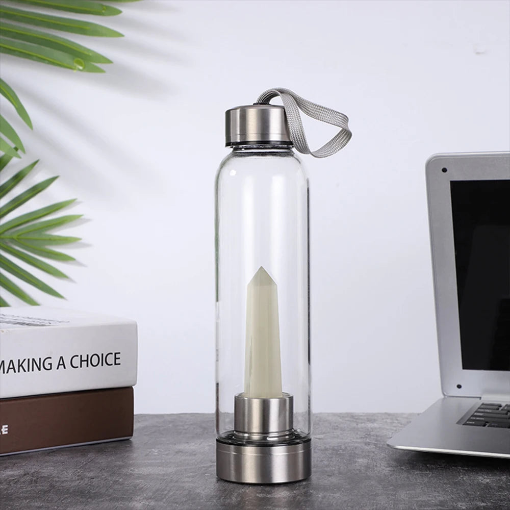 Crystal Infused Glass Water Bottle with Natural Gemstone Obelisk – Healing Elixir Quartz Crystal Drinkware with Rope