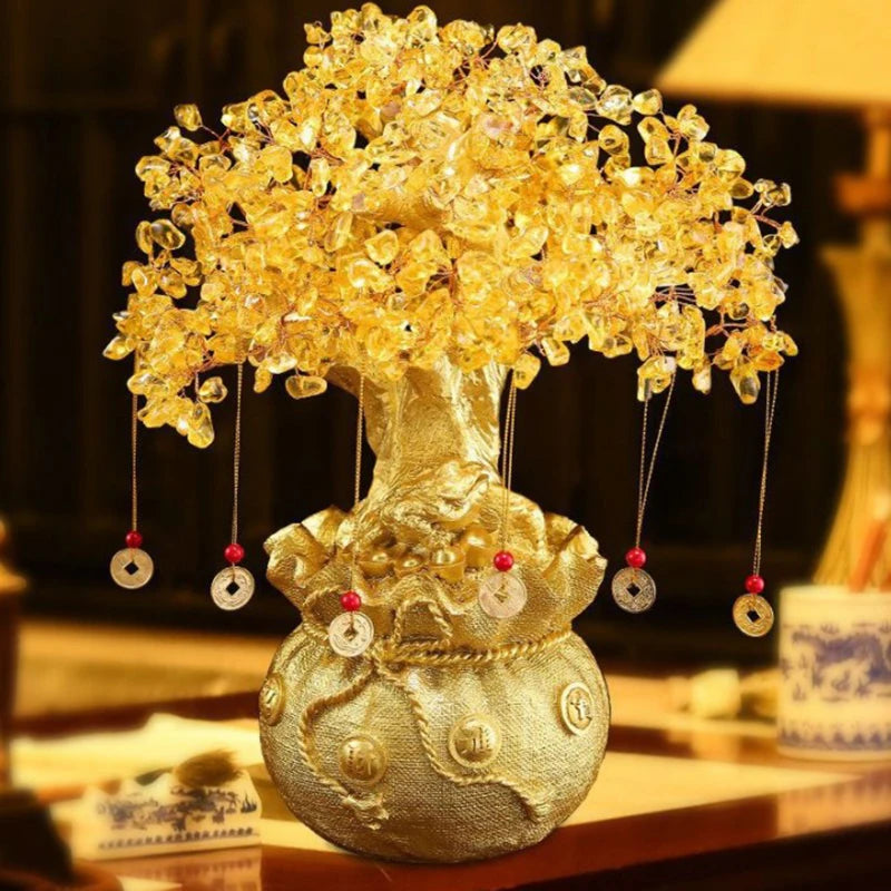 Golden Feng Shui Crystal Wealth Tree – Prosperity & Abundance Bonsai Ornament