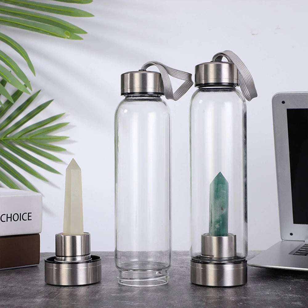 Crystal Infused Glass Water Bottle with Natural Gemstone Obelisk – Healing Elixir Quartz Crystal Drinkware with Rope