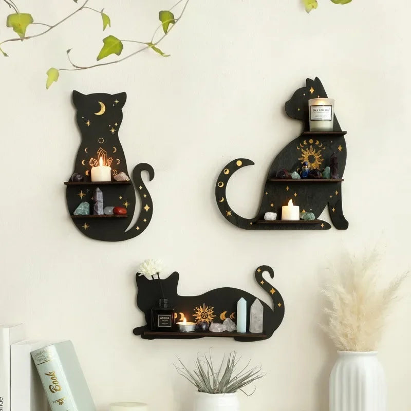 Black Cat Crystal Wall Shelf – Gothic Moon Tiered Wooden Display Rack for Crystals, Essential Oils & Decor