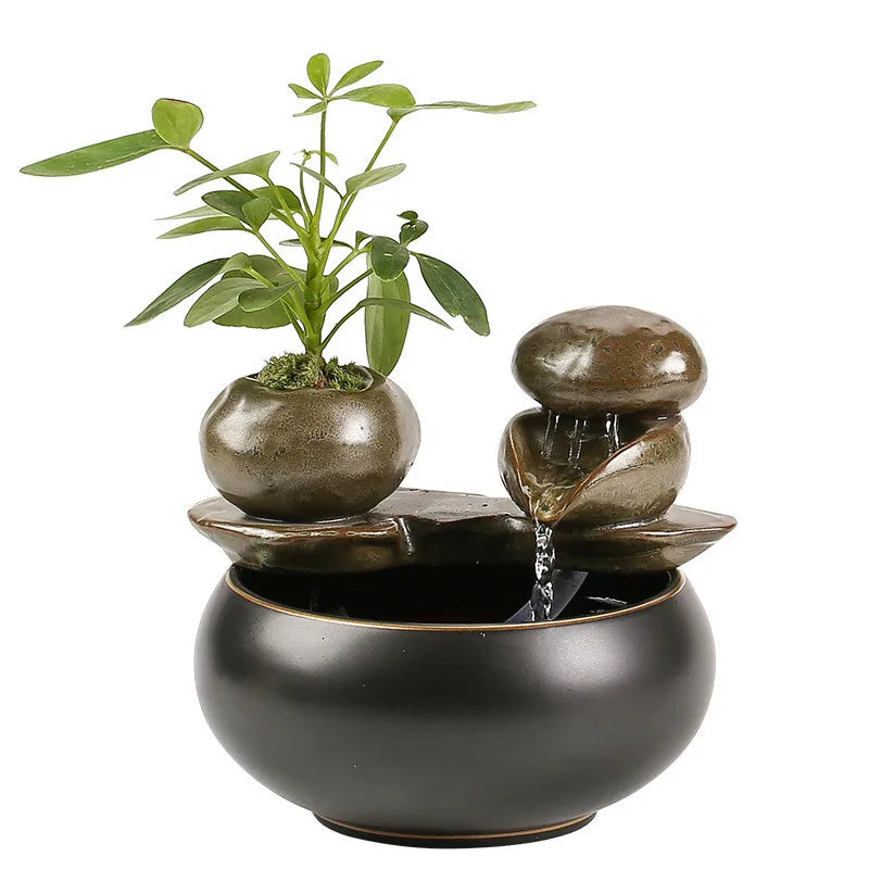 Whispers of Earth – Zen Ceramic Tabletop Fountain with Leaf Accent