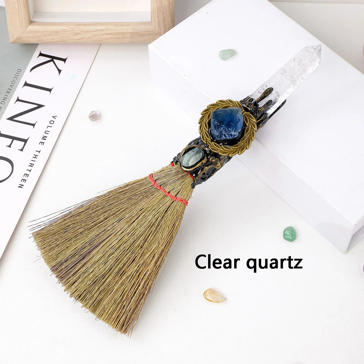 Crystal Broom Charm with Natural Gemstone Handle – Spiritual Home & Altar Decoration