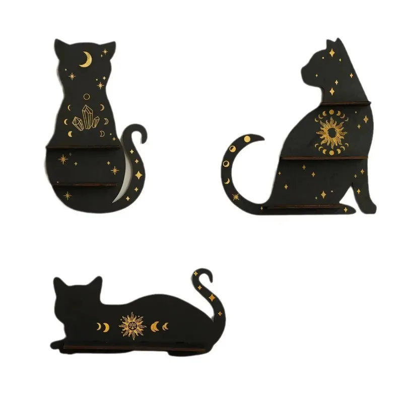 Mystic Black Cat Moon Shelf – Triple-Tier Crystal Display & Wall Altar for Sacred Stones & Spiritual Decor