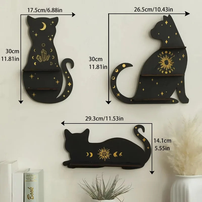 Mystic Black Cat Moon Shelf – Triple-Tier Crystal Display & Wall Altar for Sacred Stones & Spiritual Decor
