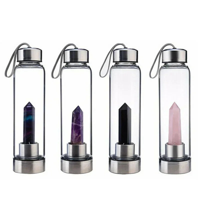 Crystal Elixir Water Bottle – Natural Quartz Healing Wand in Glass Bottle with Stainless Steel Lid – Gemstone Energy Cup for Wellness & Hydration